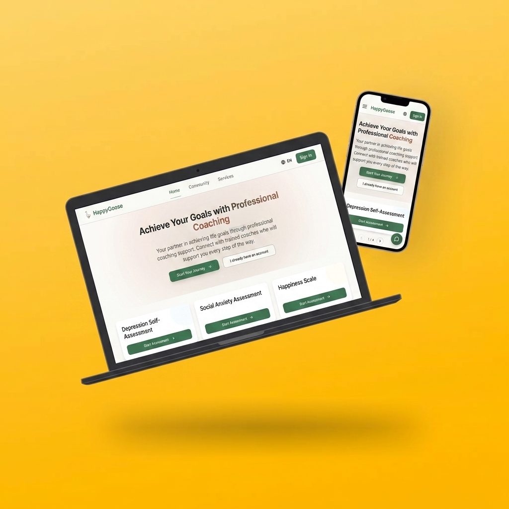 Promotional render of wellbeingABC on a laptop and a phone, showing the coaching homepage and its self-assessment cards under the product's HappyGoose working mark.